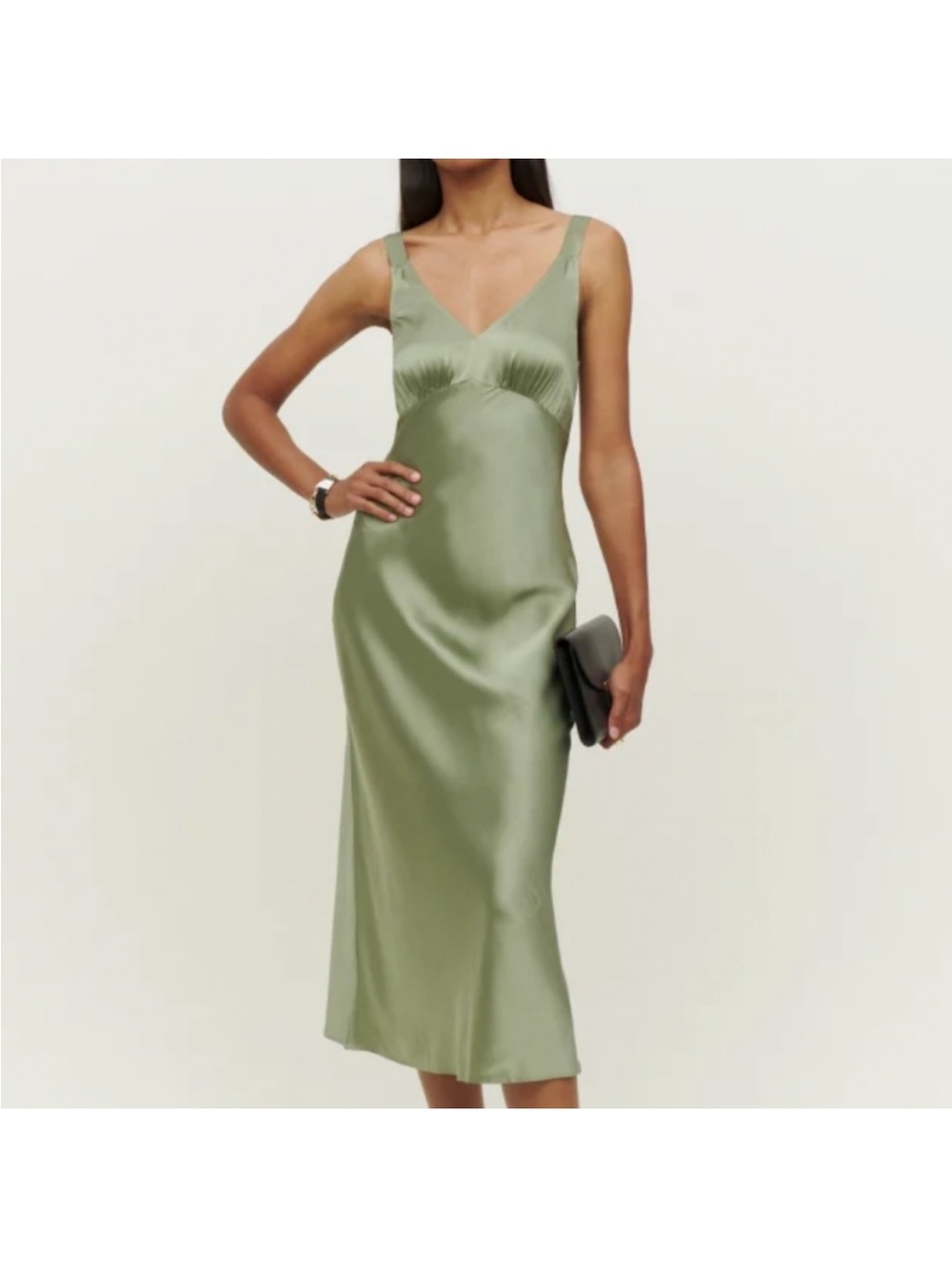 Reformation Daytona 100% Silk Midi Dress Artichoke Green V-Neck - Picture 2 of 10